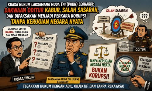 Kuasa Hukum Laksamana Muda TNI (Purn) Leonardi: Dakwaan Oditur Kabur, Salah Sasaran, dan Dipaksakan Menjadi Perkara Korupsi Tanpa Kerugian Negara Nyata